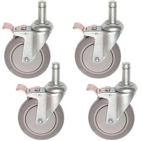 Global Industrial Stem Casters Set of 4 5 Inch Polyurethane Wheels, All 4 with Brakes, 1200 Lb. Cap., 4PK 800282